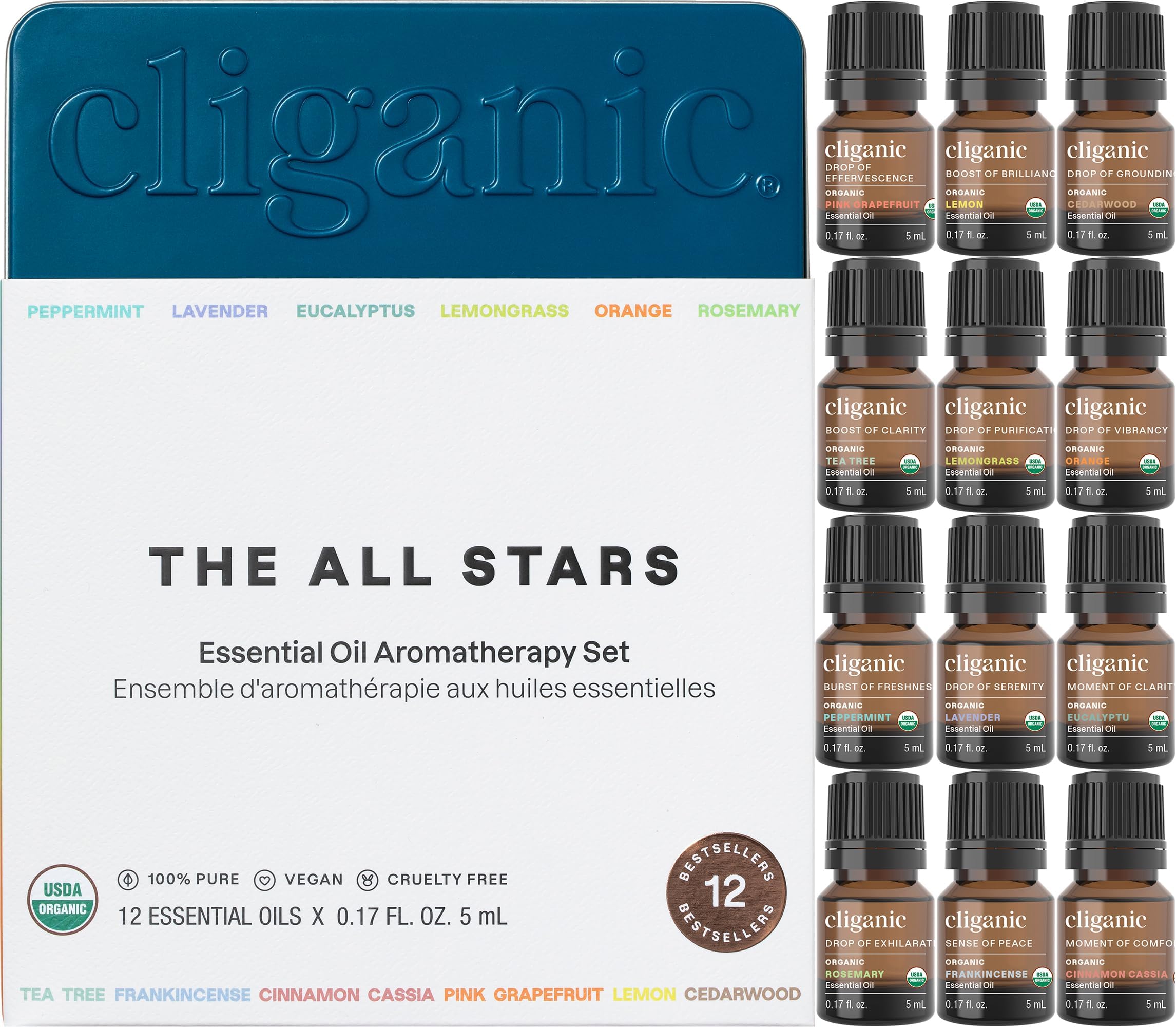 Cliganic Organic Aromatherapy Top 12 Essential Oils Set - 12 bottles featuring Peppermint and Lavender