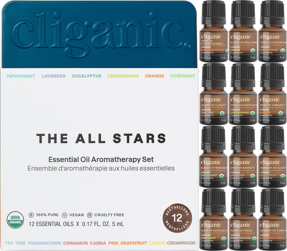 Cliganic Organic Aromatherapy Top 12 Essential Oils Set - 12 bottles featuring Peppermint and Lavender