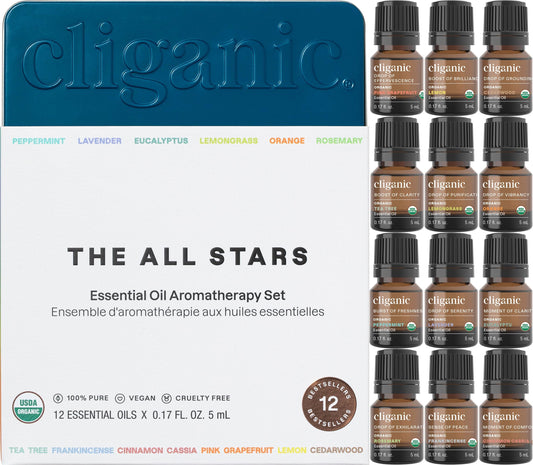 Cliganic Organic Aromatherapy Top 12 Essential Oils Set - 12 bottles featuring Peppermint and Lavender