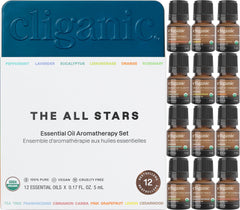 Cliganic Organic Aromatherapy Top 12 Essential Oils Set - 12 bottles featuring Peppermint and Lavender