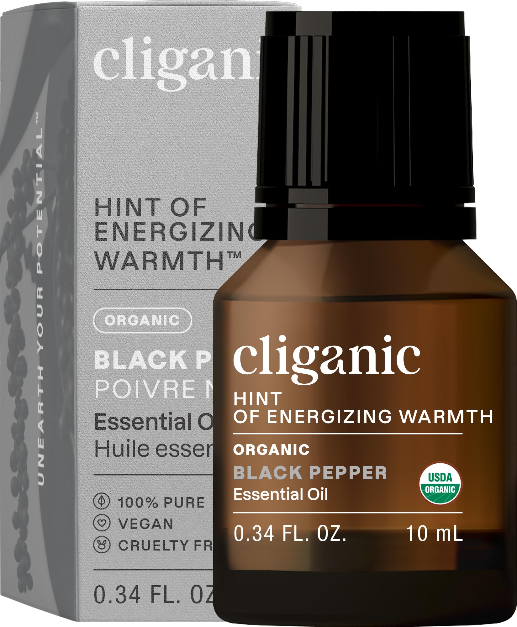Cliganic Organic Black Pepper Essential Oil bottle and label - 0.33oz