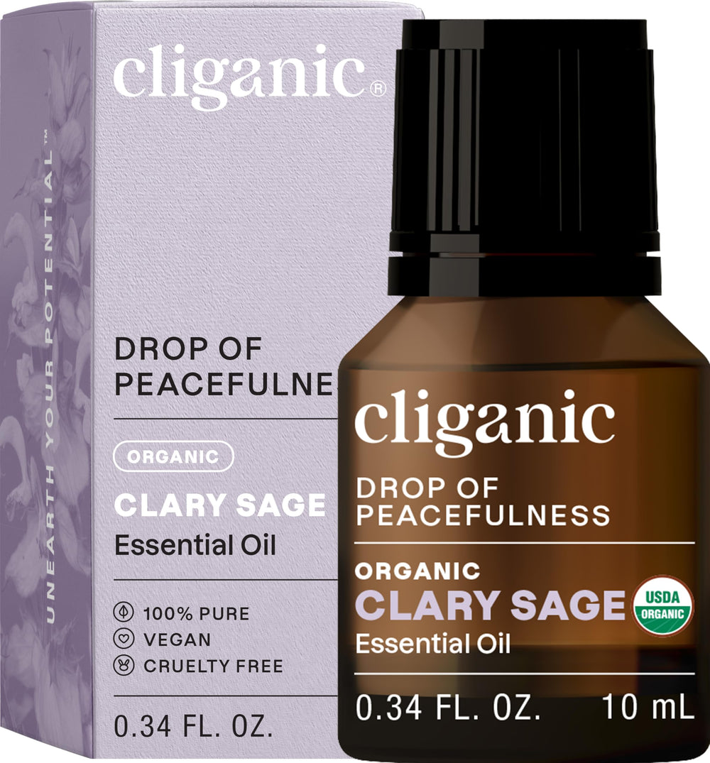 Cliganic Organic Clary Sage Essential Oil bottle on white background