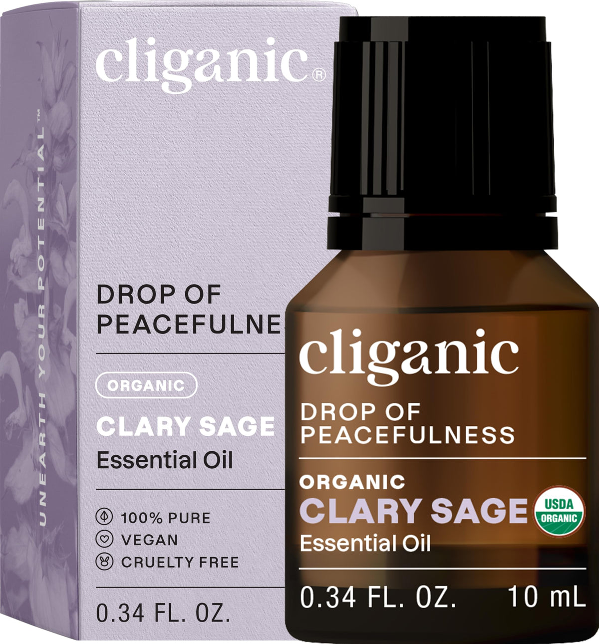 Cliganic Organic Clary Sage Essential Oil bottle on white background