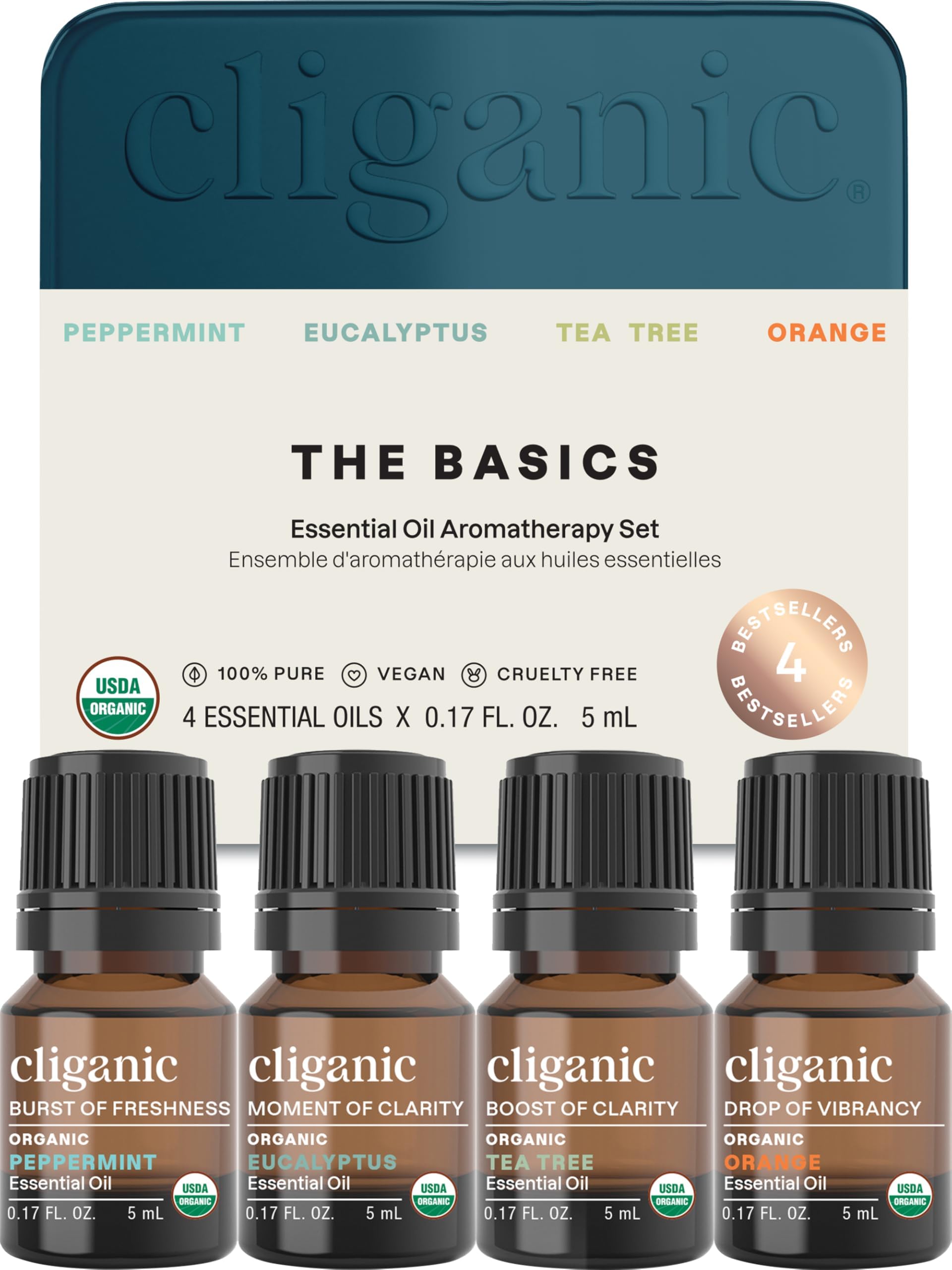 Cliganic Organic Essential Oils Gift Set Top 4 The Basics: Peppermint, Eucalyptus, Tea Tree & Orange.