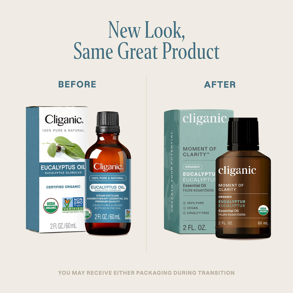Eucalyptus essential oil in diffuser with Cliganic bottle