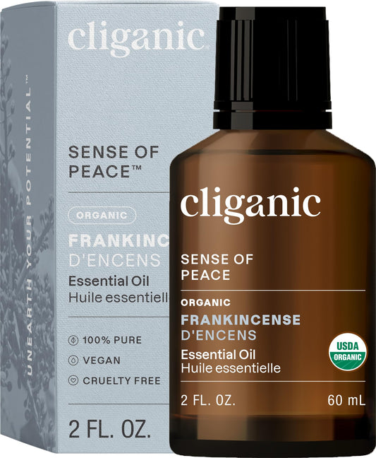 Cliganic Organic Frankincense Essential Oil bottle on white background