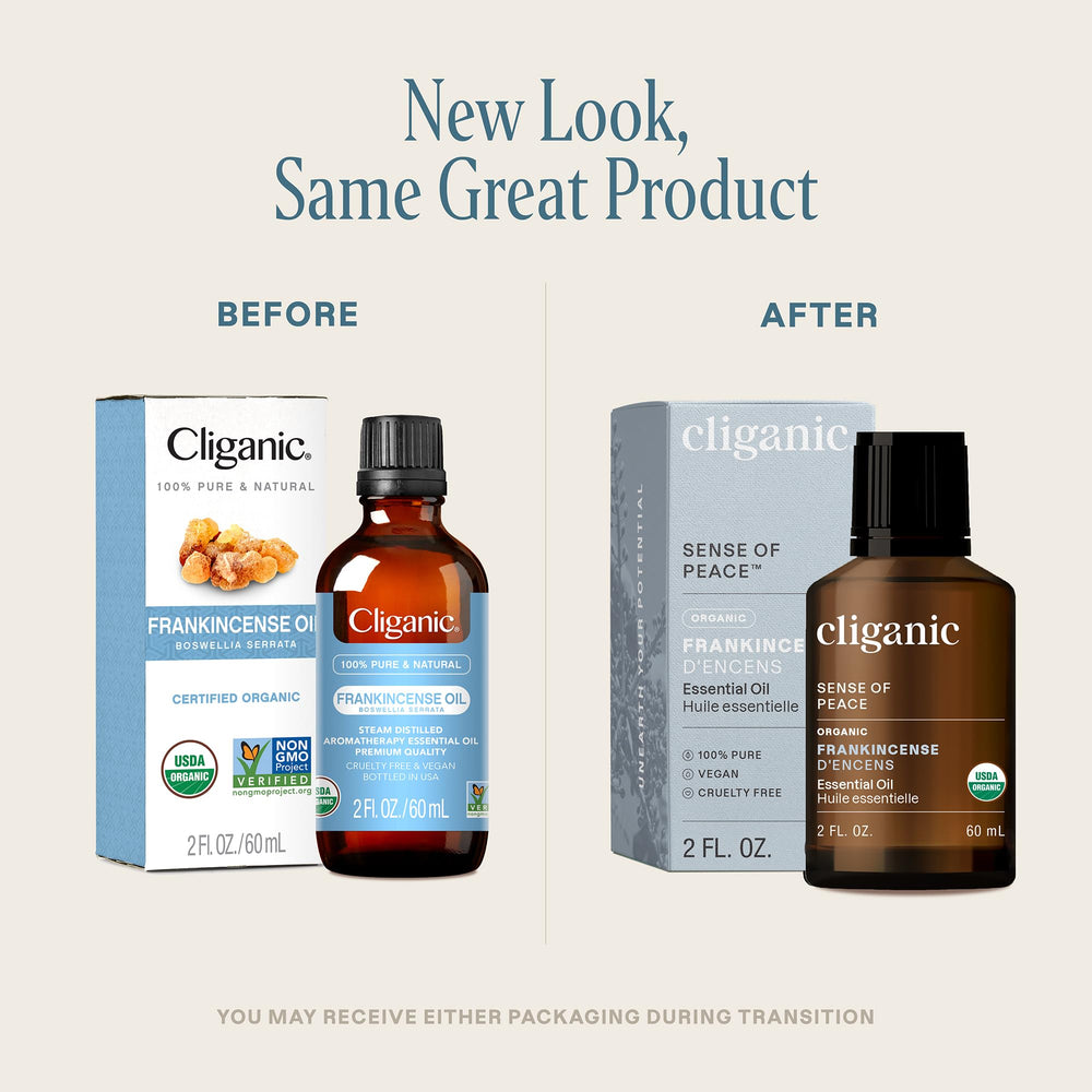 Front view of Cliganic Organic Frankincense Essential Oil bottle with label