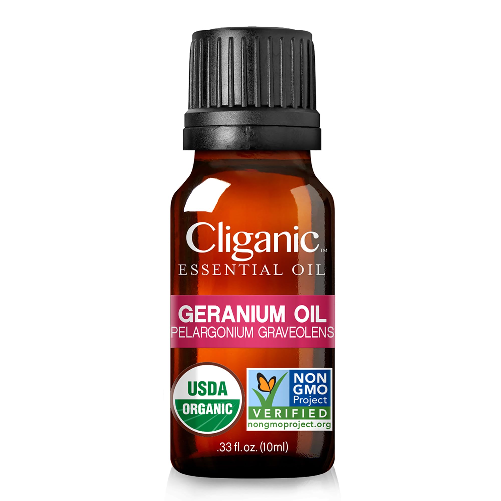 USDA Organic seal close-up on Geranium essential oil bottle