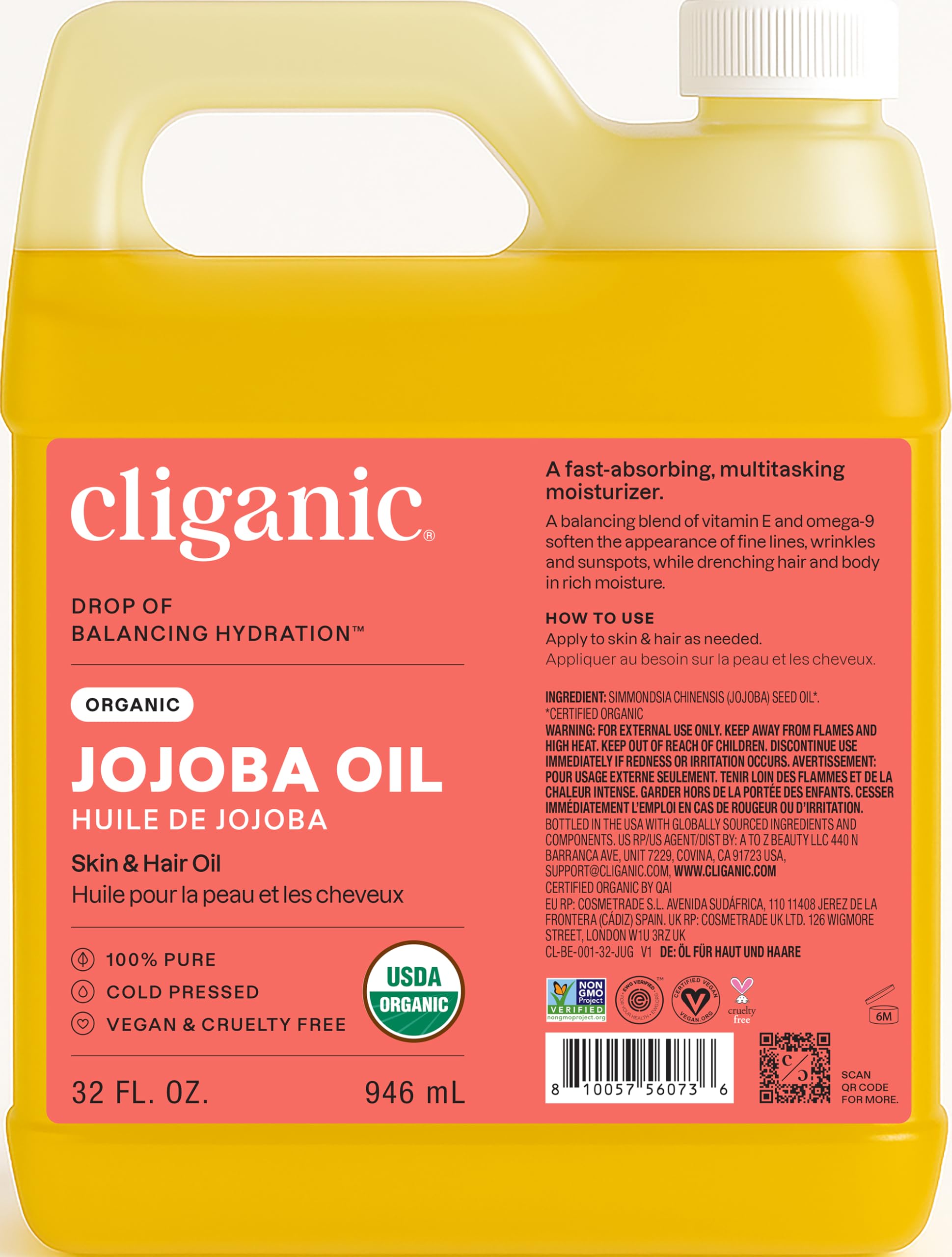 Cliganic Organic Jojoba Oil 32oz bulk bottle