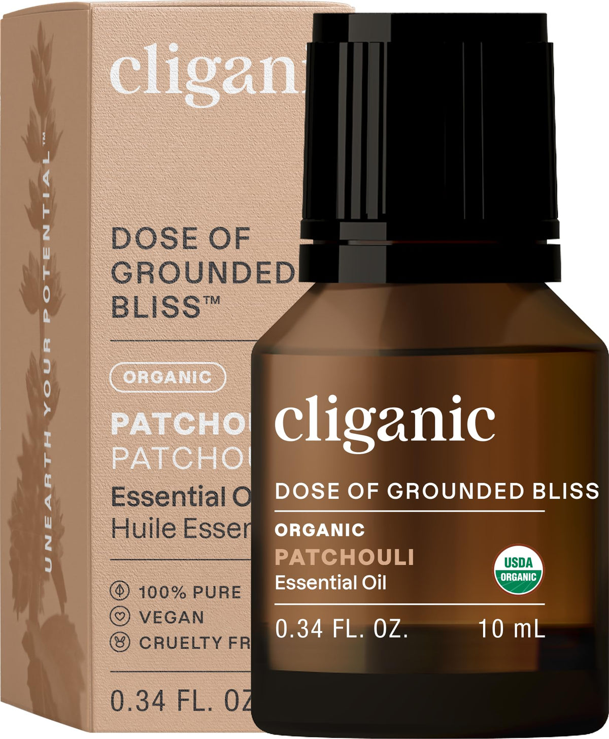 Cliganic Organic Patchouli Essential Oil bottle with packaging