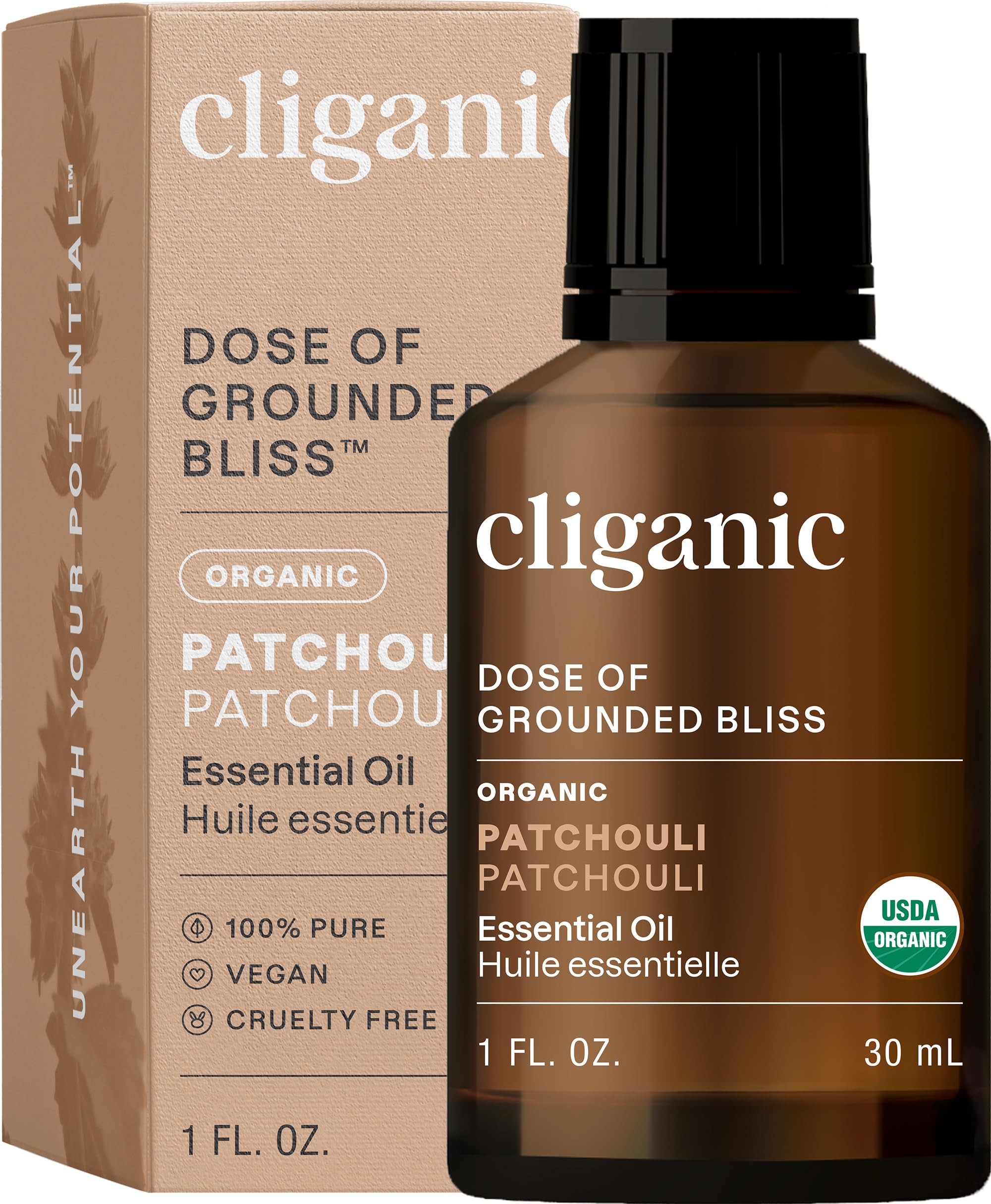 Cliganic Organic Patchouli Essential Oil bottle