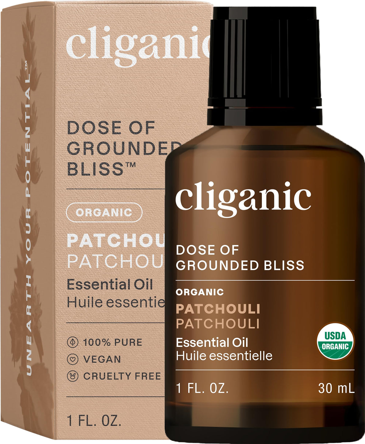 Cliganic Organic Patchouli Essential Oil bottle