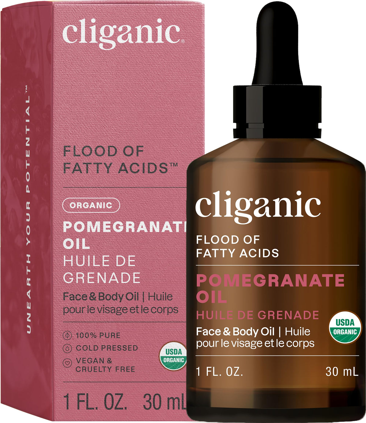 Front view of Cliganic Organic Pomegranate Seed Oil 1oz bottle