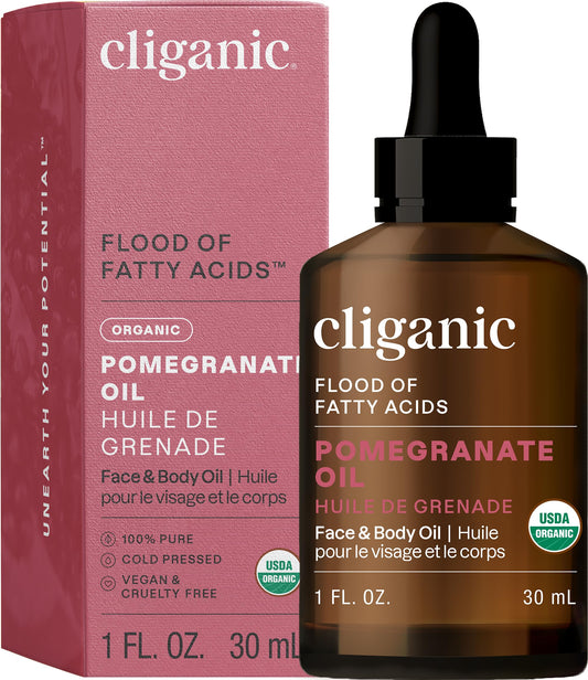 Front view of Cliganic Organic Pomegranate Seed Oil 1oz bottle