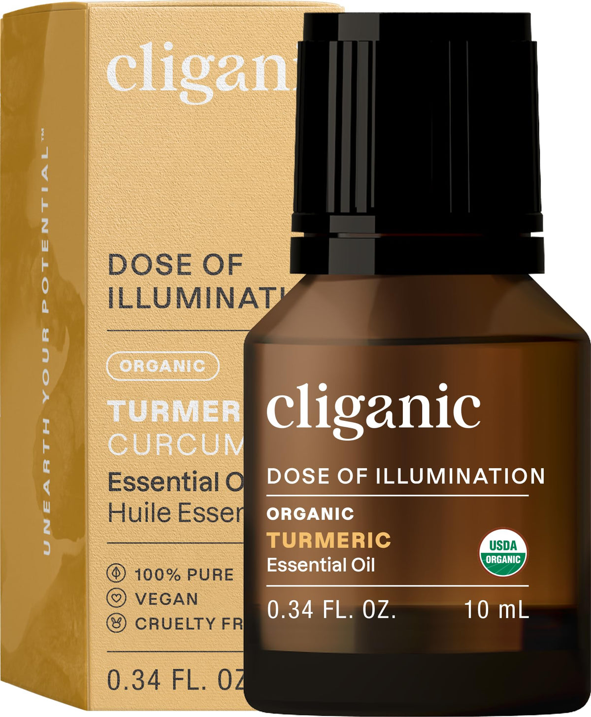 Cliganic Organic Turmeric Essential Oil bottle with dropper