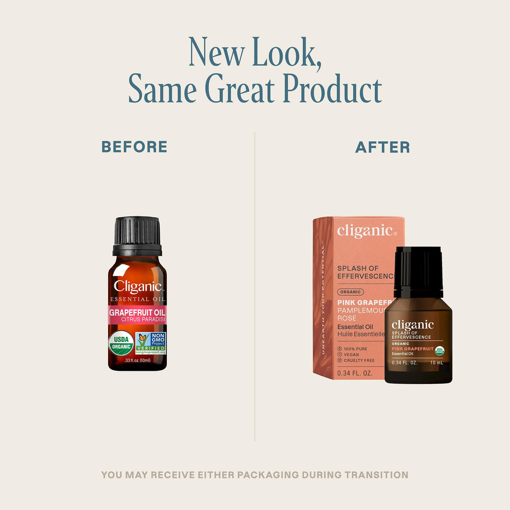 Close-up label of Cliganic Pink Grapefruit Essential Oil