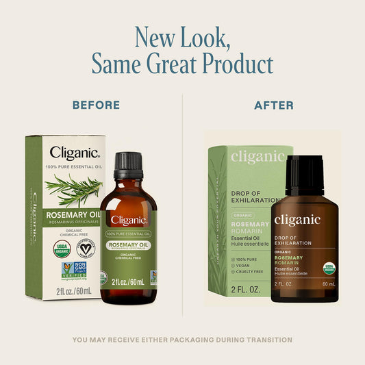 Close-up of Cliganic Rosemary Essential Oil label