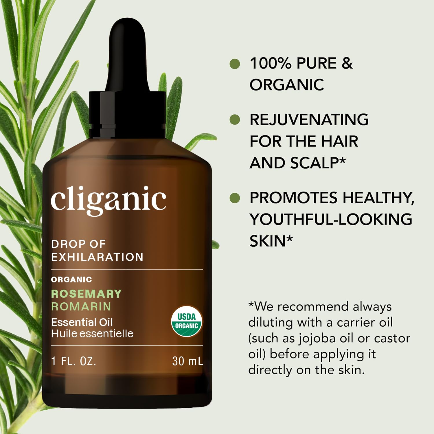 Close-up of Cliganic Rosemary Essential Oil bottle and dropper