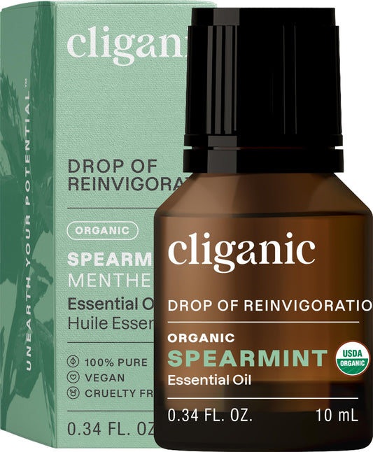 Front view of Cliganic Spearmint essential oil 10ml bottle