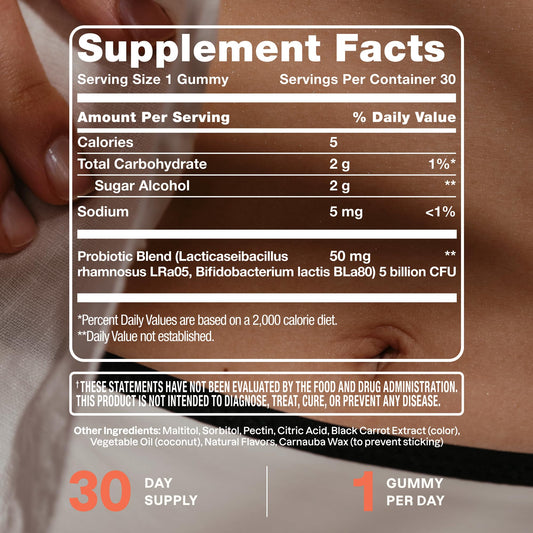 Berries and bottle label showing 5 Billion CFU probiotic claim