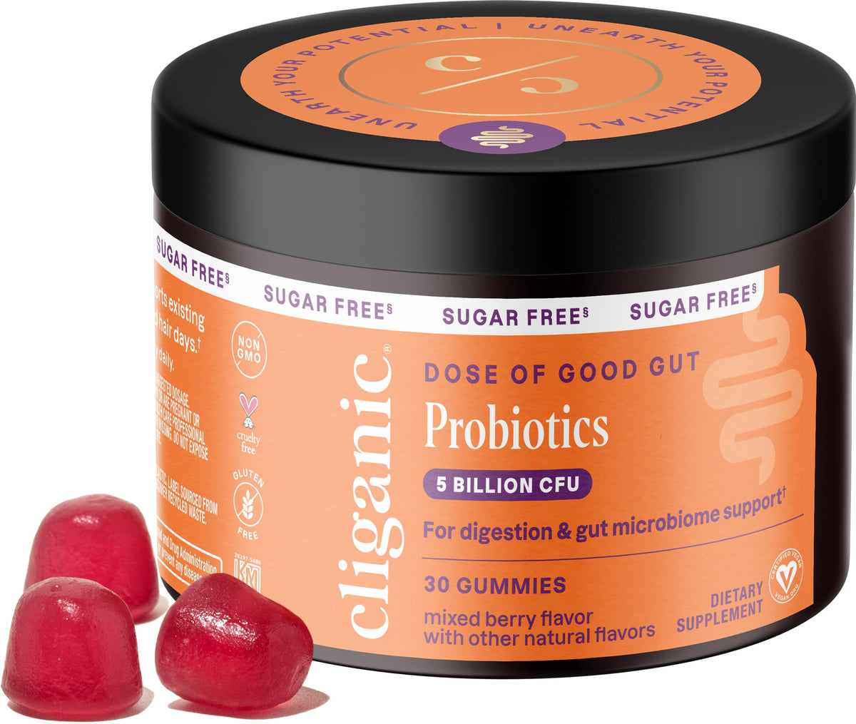 Cliganic Sugar-Free Probiotics Gummies bottle on a clean background