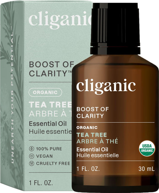 Cliganic Organic Tea Tree Essential Oil bottle with packaging variation
