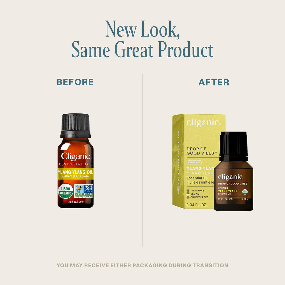 Close-up of Cliganic Ylang Ylang essential oil bottle