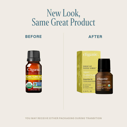 Close-up of Cliganic Ylang Ylang essential oil bottle