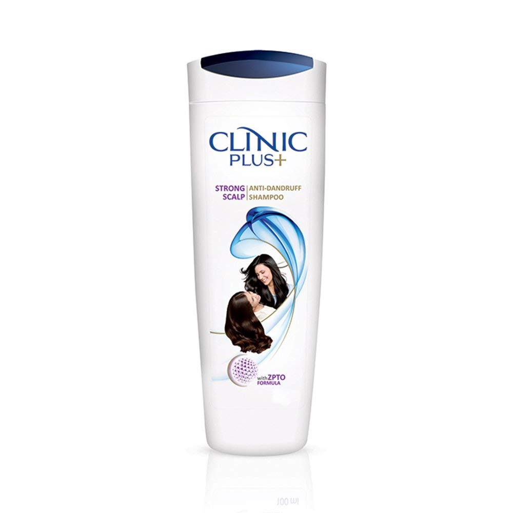 Clinic Plus Strong Scalp Shampoo bottle highlighting anti-dandruff formula for a refreshed scalp.