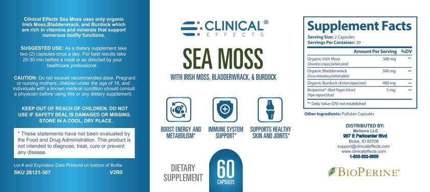 Bottle label highlighting organic Irish sea moss
