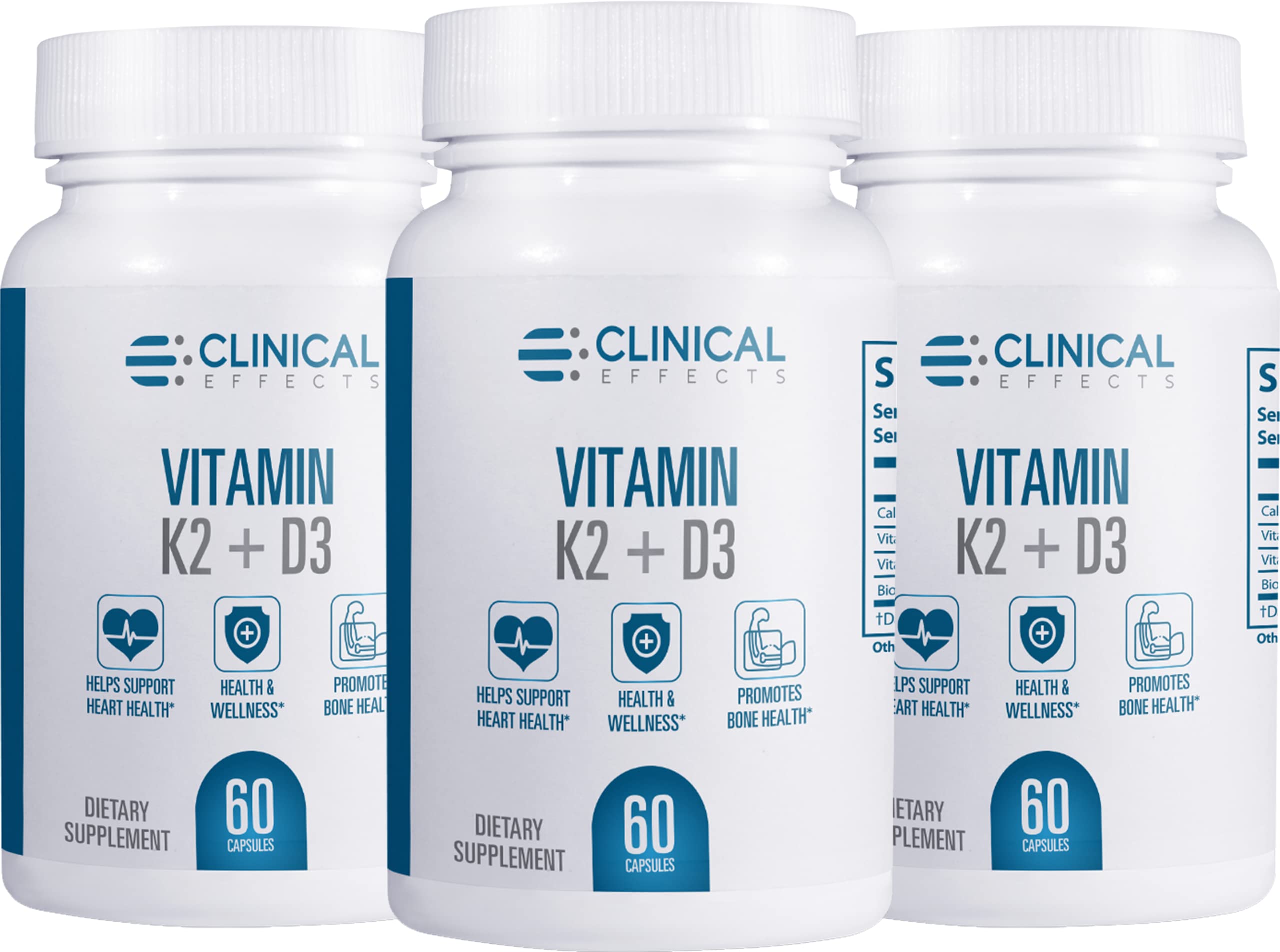Clinical Effects Vitamin K2 + D3 bottle front highlighting bone support