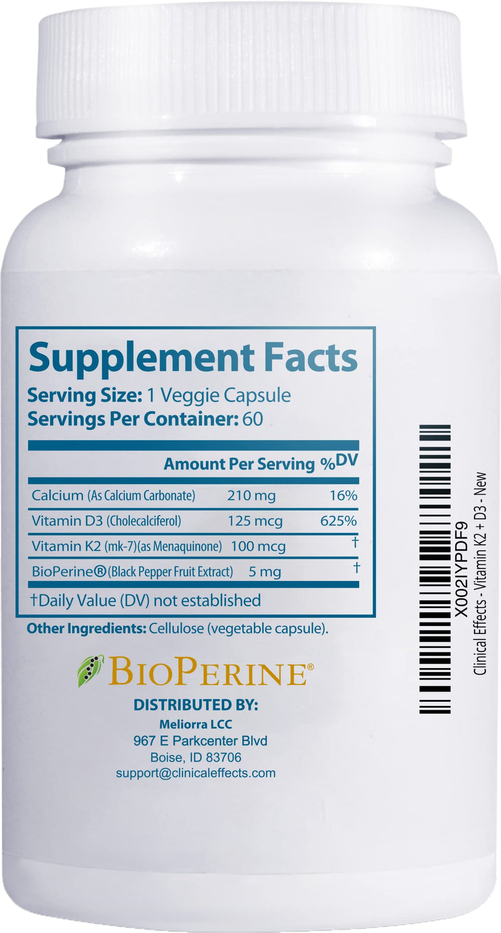 Clinical Effects Vitamin K2 + D3 label close up emphasizing absorption