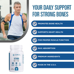 Clinical Effects Vitamin K2 + D3 capsules close up suggesting daily use