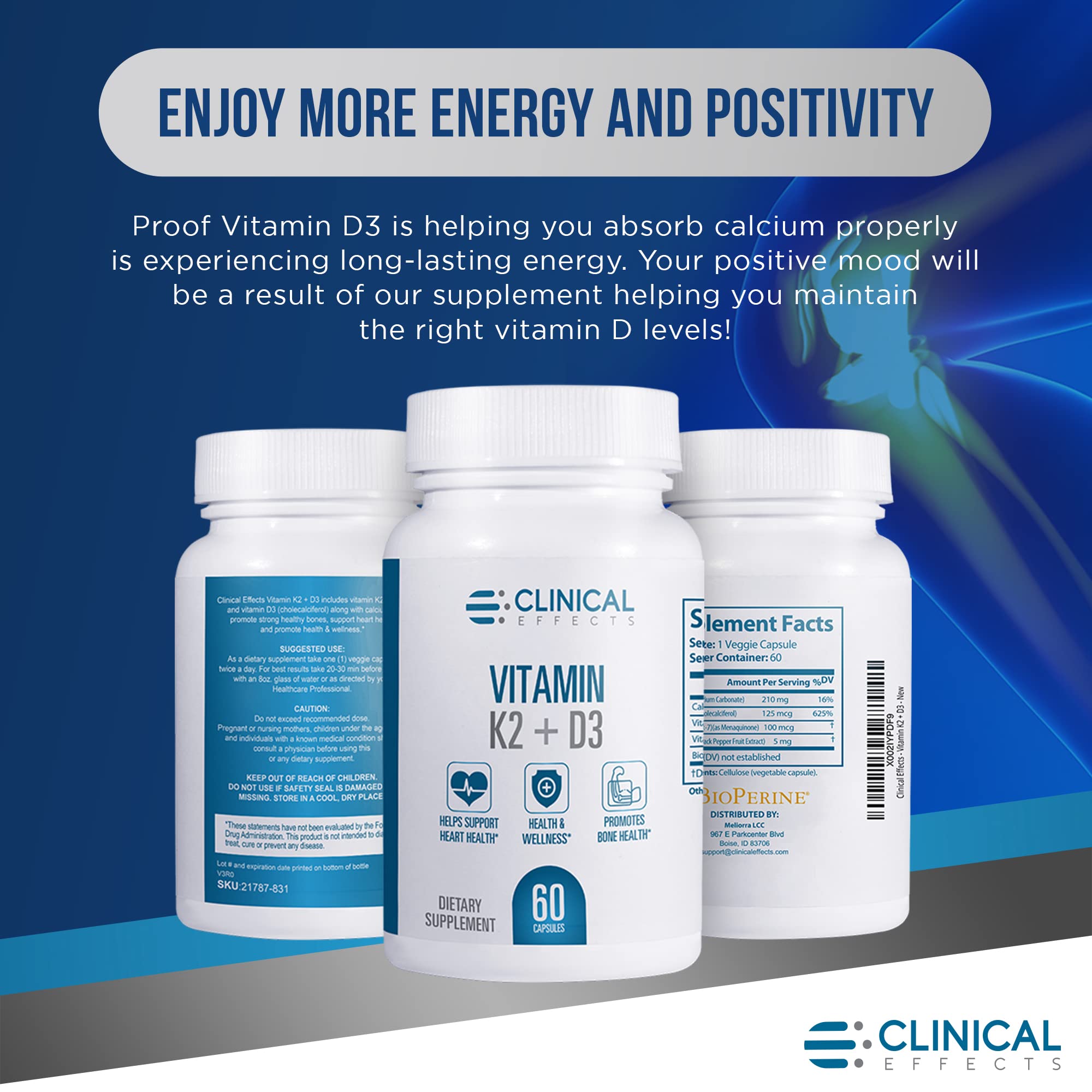 Clinical Effects Vitamin K2 + D3 USA manufactured label on box