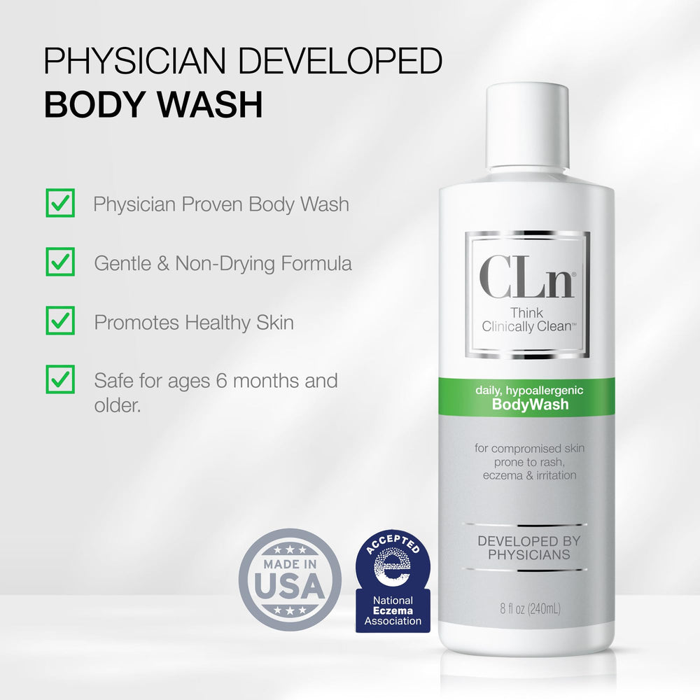 CLn BodyWash label highlights fragrance-free formulation for irritated skin