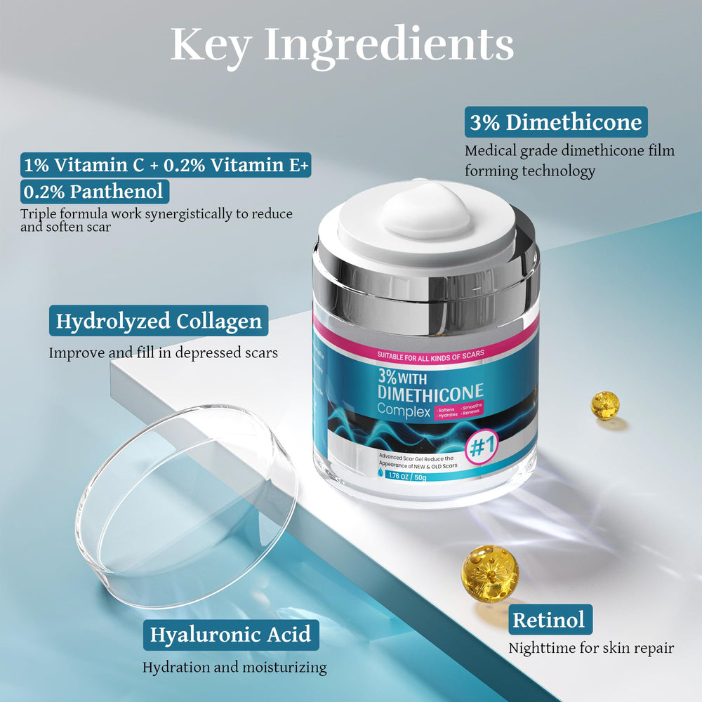 CLNABFR ingredients close-up showing dimethicone and vitamin C for scar support.