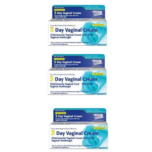 Clotrimazole 3-Day Vaginal Cream tubes pack showing three compact tubes for travel-ready care