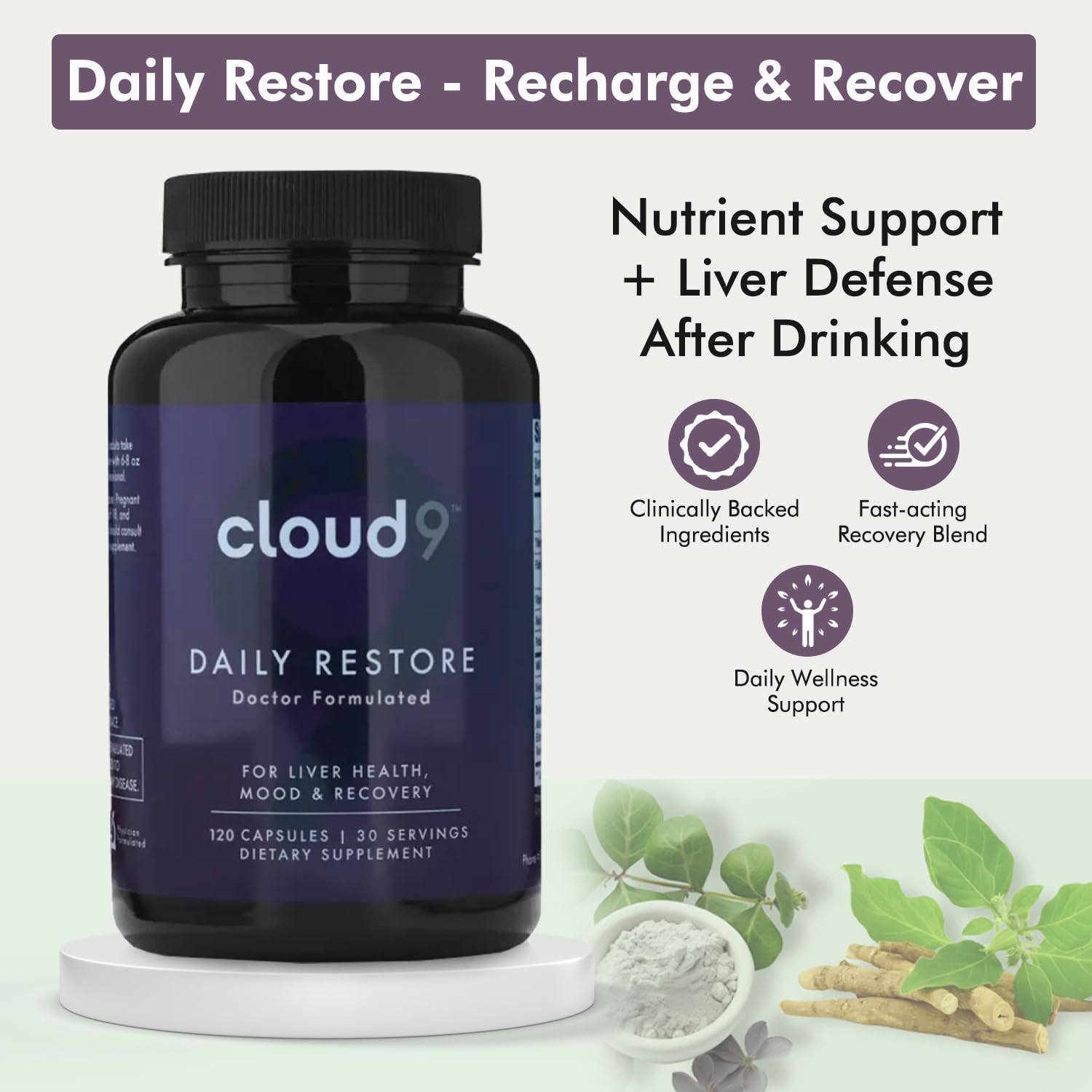 Close-up of Cloud9 Daily Restore bottle label