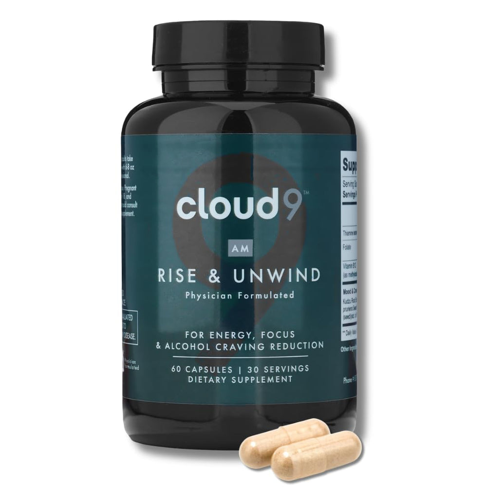 Cloud9 Rise & Unwind AM bottle and label on white background