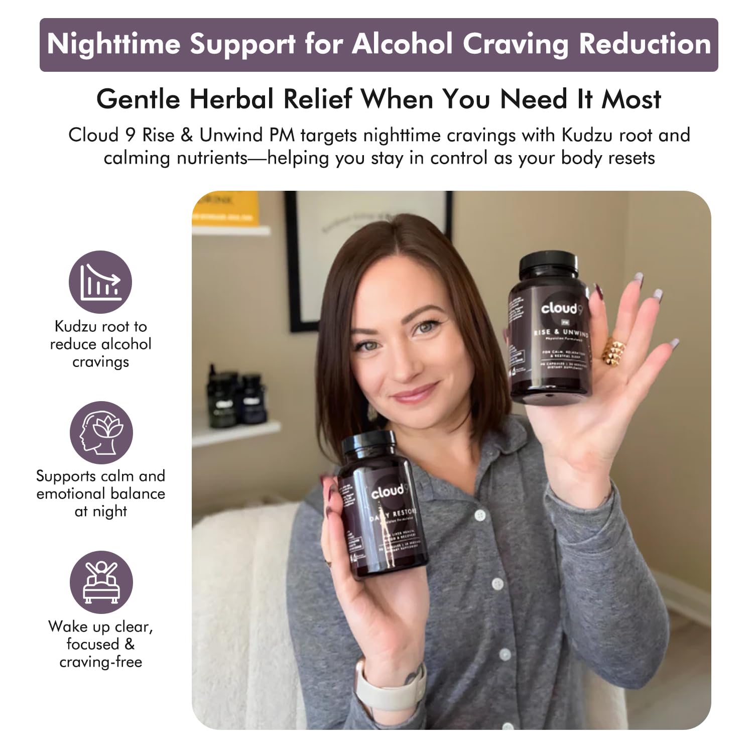 Front view of Cloud9 Rise & Unwind PM bottle
