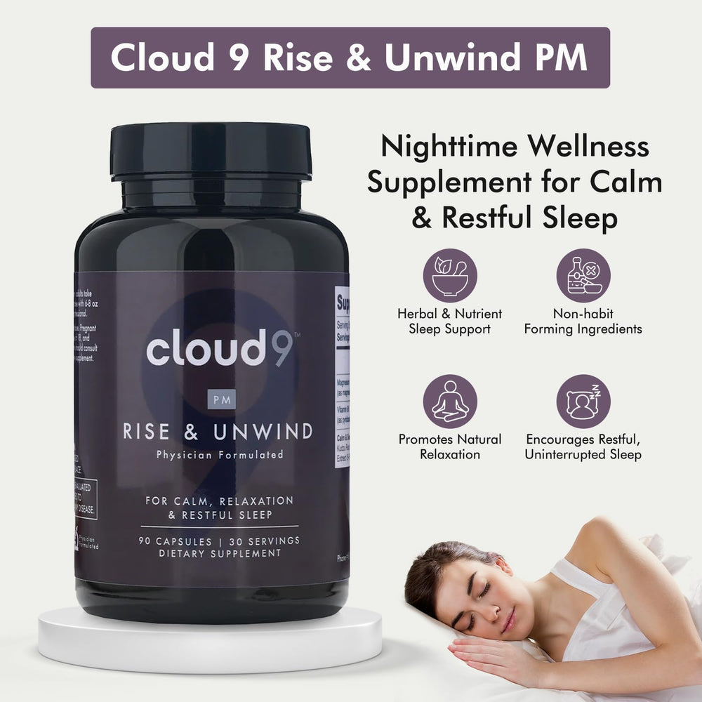 Nutrition facts label on Cloud9 Rise & Unwind PM bottle