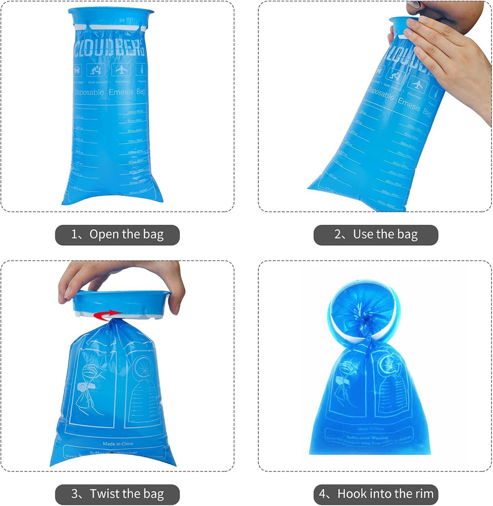 CLOUDBERG emesis bag shows measurement marks for quick volume checks during use.