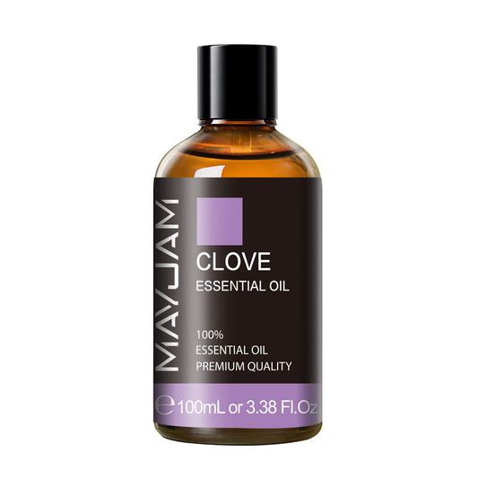Close-up of MAYJAM Clove Essential Oil amber bottle 100ml