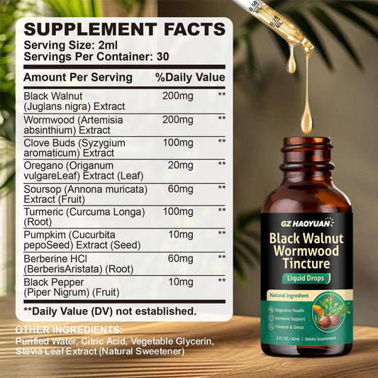 Herbal tincture ingredients: clove, wormwood, and black walnut