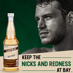 Clubman Lustray Bay Rum aftershave pour close-up, energizing aromatic splash after shaving.