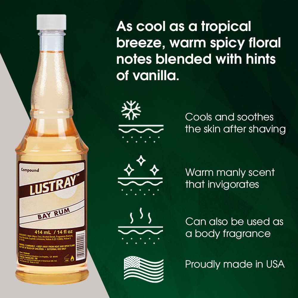 Clubman Lustray Bay Rum splash on hand demonstrates quick hydration post-shave.