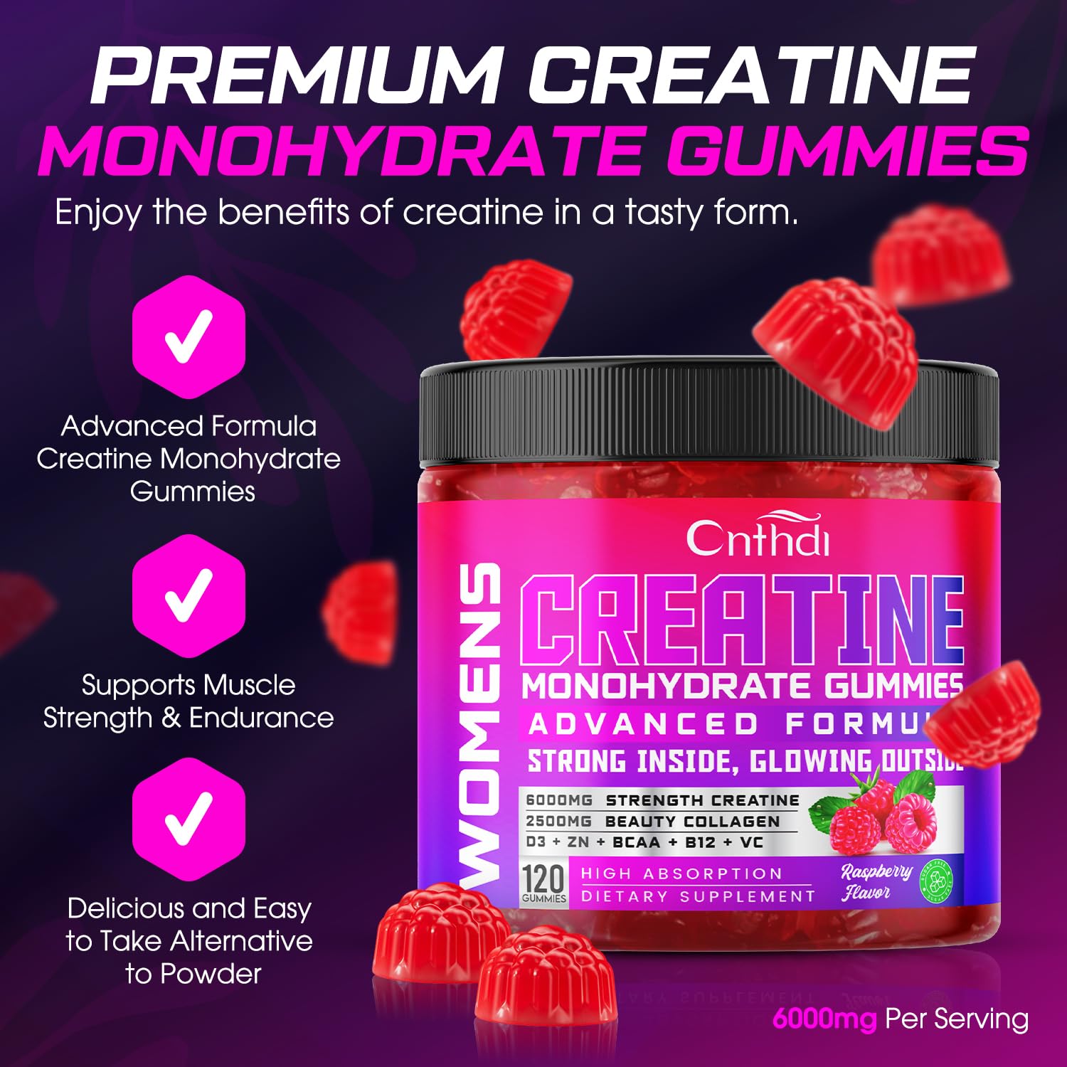 Close-up of CNFHDI Creatine Monohydrate Gummies for Women – 6000mg per serving