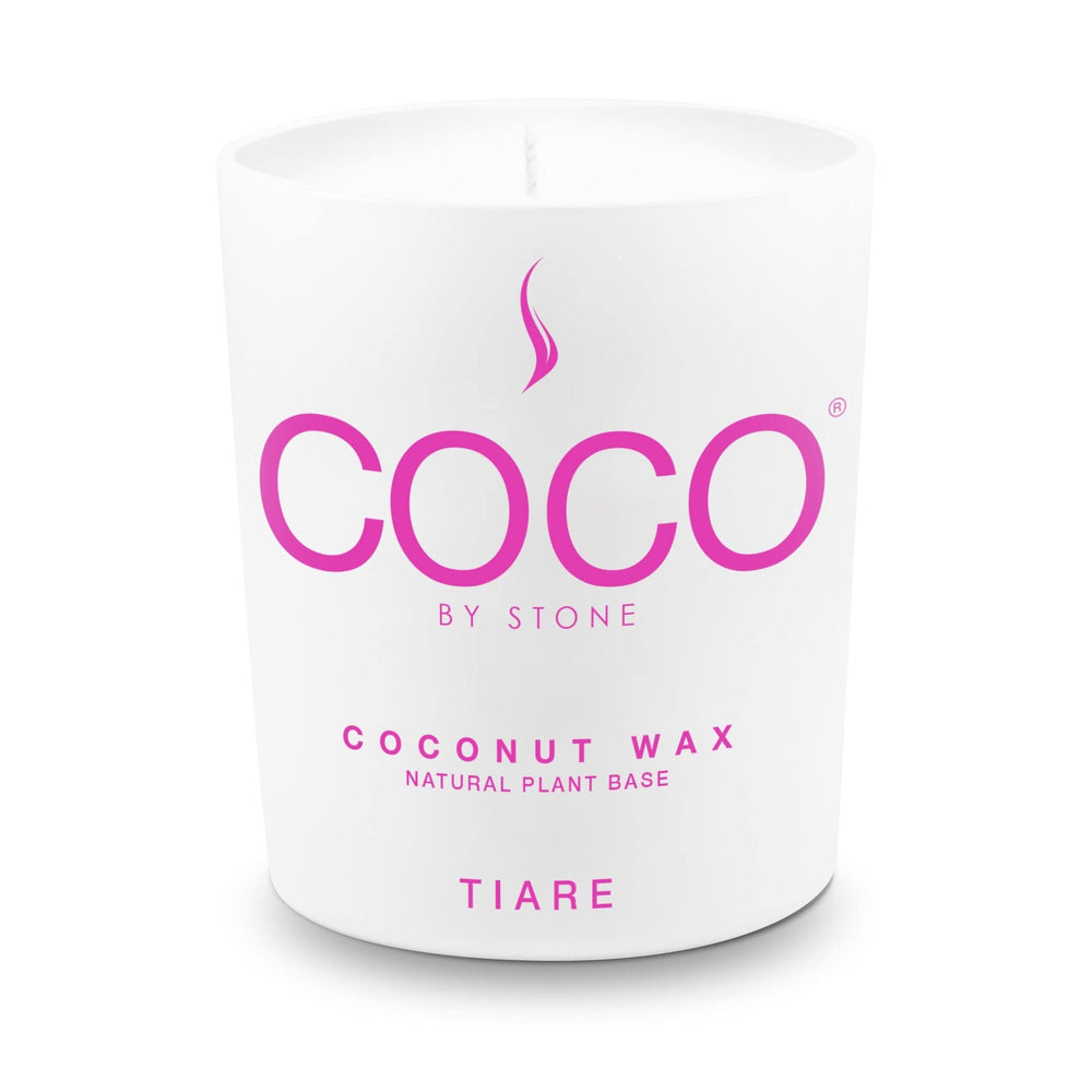 COCO by Stone Tiare candle label close-up, premium presentation and scent cue.