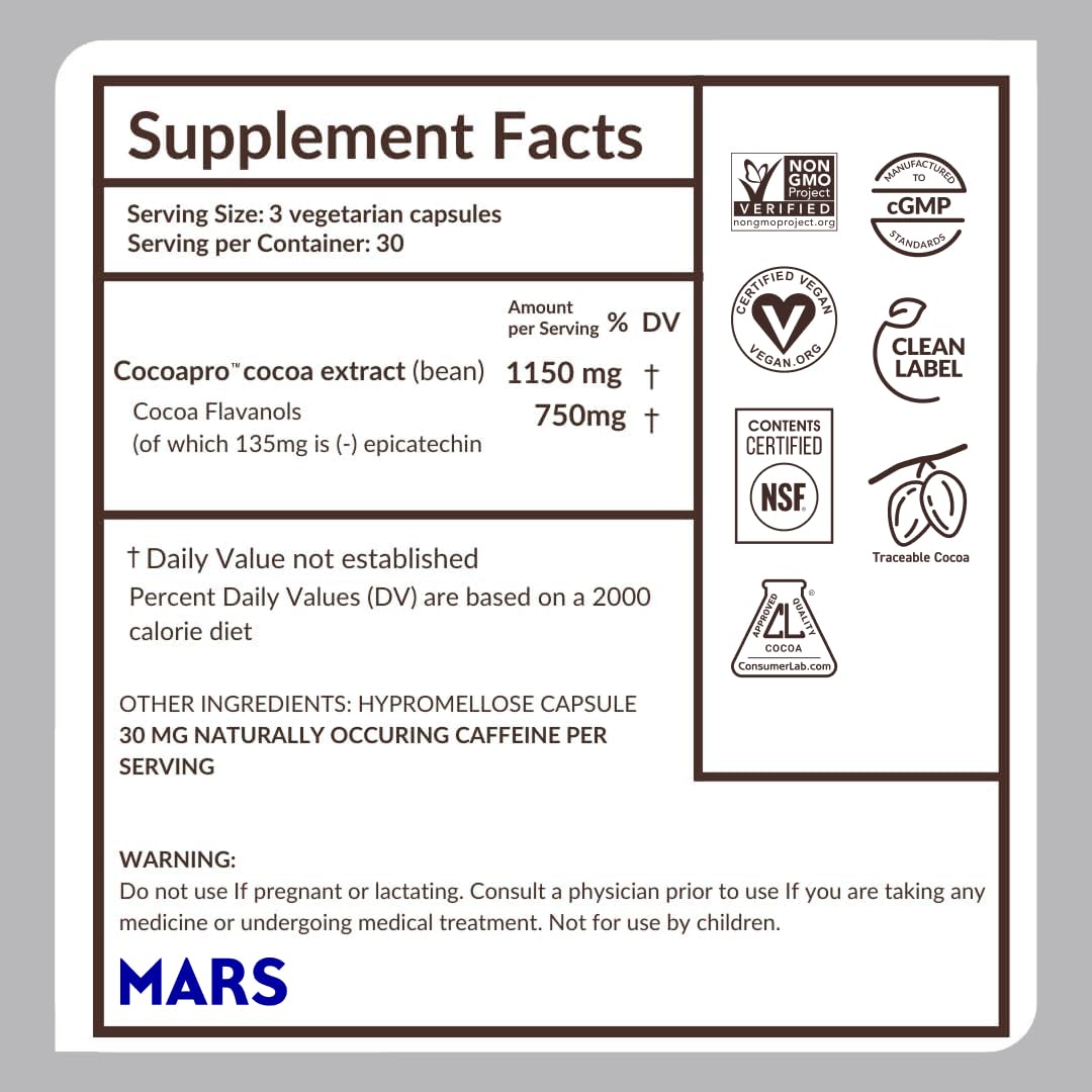 Nutrition facts panel on CocoaVia Memory+ packaging