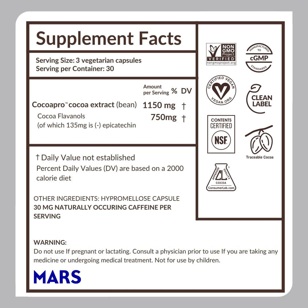 Nutrition facts panel on CocoaVia Memory+ packaging